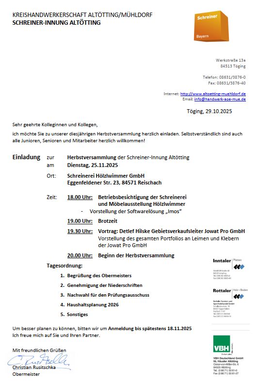 Hauptversammlung der Schreiner-Innung Altötting am 25. Nov. 2025 in der Schreinerei Hölzlwimmer GmbH - Eggenfeldener Str. 23, 84571 Reischach