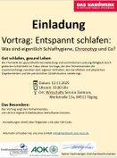 Vortrag: Entspannt schlafen: Was sind eigentlich Schlafhygiene, Chronotyp und Co?  Gut schlafen, gesund Leben Die Thematik der gesundheitlichen Belastung und verminderten Leistungsfähigkeit durch gestörten Schlaf steht im Fokus dieses Vortrags, der den Teilnehmenden die Zusammenhänge zwischen dem eigenen Verhalten, den beruflichen und physischen Gegebenheiten und der persönlichen Schlafsituation nahebringt. 
