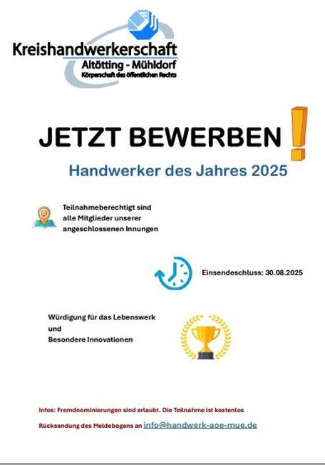 Wahl des Handwerkers des Jahres 2025 - Würdigung des Lebenswerks und besonderer Innovationen. Teilnahmeberechtigt alle Mitglieder der angeschlossenen Innungen.  - - Klick für mehr Informationen