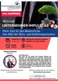 Klick auf das Bild um die Inhalte zur Veranstaltung am 19. März 2026 -zu erfahren.  Zum Referenten: Seit mehr als 20 Jahren hält Thomas Donnert als Praktiker und Effizienztrainer zahlreiche aktivierende Seminare bei Unternehmerverbänden oder Innungen ab und trainiert Unternehmerinnen und Unternehmer und deren Teams. Er konnte so einen wichtigen Beitrag zu den Themen: „Mehr Zeit für Ideen und Projekte, höhere Arbeitsgeschwindigkeit, Mitarbeitermotivation und mehr Freude bei der Arbeit“ für die Mitglieder dieser Verbände und Innungen leisten.