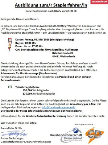 Klick auf das Bild für die Anmeldung + Information zur Ausbildung zum/zur Stapelfahrer/-in zu öffnen.
