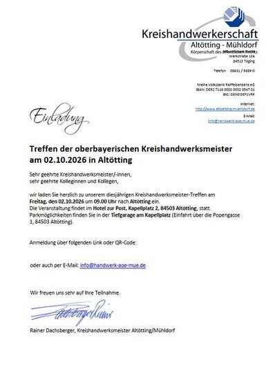 Treffen der oberbayerischen Kreishandwerksmeister am 2. Okt. 2026 in Altötting