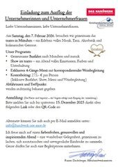Einladung zum Ausflug der Unternehmerinnen und Unternehmerfrauen des Handwerks am 7. Febr. 2026  Unser Programm: • Gemeinsame Busfahrt nach München und zurück • Show im teatro – ein Abend voller Emotionen, Farben     und Unterhaltung • Exklusives 4-Gänge-Menü mit korrespondierender Weinbegleitung • Kostenbeitrag: 275,- € pro Person (Inklusive Busfahrt, Show, Menü und Weinbegleitung) Abfahrtszeit und Treffpunkt: werden rechtzeitig bekannt gegeben Anmeldung: (Die Plätze sind begrenzt – die Vergabe erfolgt nach Eingang der Anmeldung.) Bitte melden Sie sich bis spätestens 15. Dezember 2025 direkt über folgenden Link oder den QR-Code an: Alternativ können Sie sich auch per E-Mail anmelden unter: info@handwerk-aoe-mue.de Ich freue mich auf einen farbenfrohen, genussvollen und inspirierenden Abend – eine wunderbare Gelegenheit, gemeinsam zu lachen, sich auszutauschen und unvergessliche Eindrücke zu sammeln. Gerne dürfen Sie auch eine Begleitperson mitnehmen. Einladung zum Ausflug der Unternehmerinnen und Unternehmerfraue